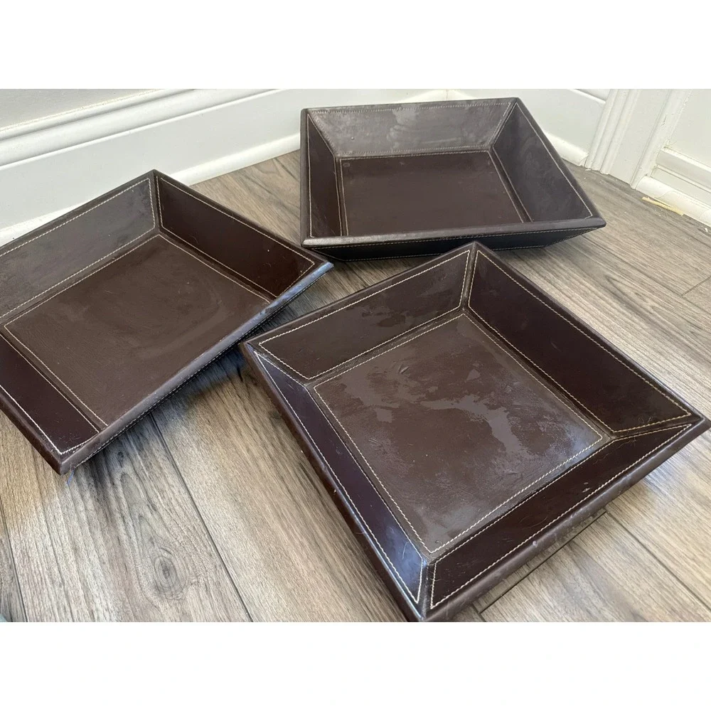 Dark Brown Faux Leather Square Nested Decorative Trays Set of 3